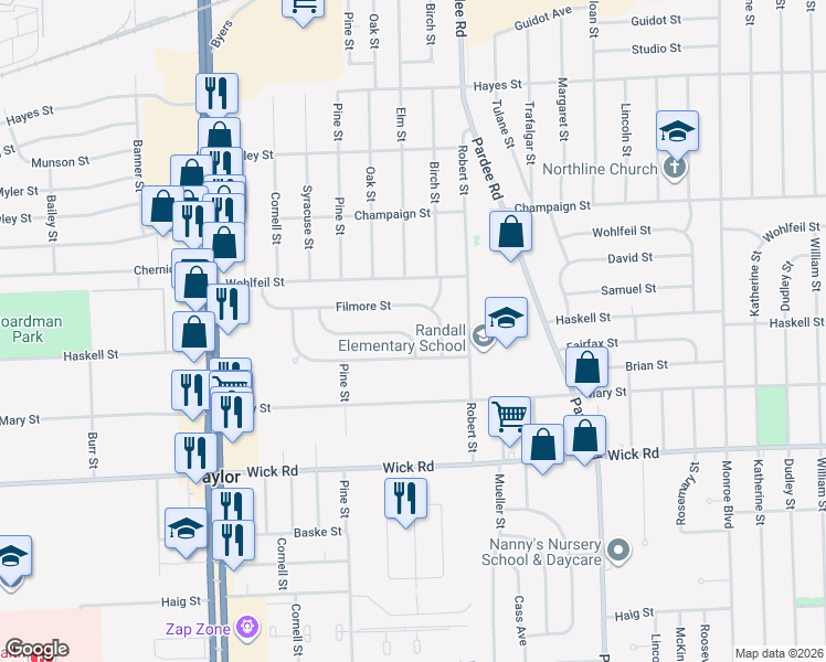 map of restaurants, bars, coffee shops, grocery stores, and more near 23446 Calvin Street in Taylor