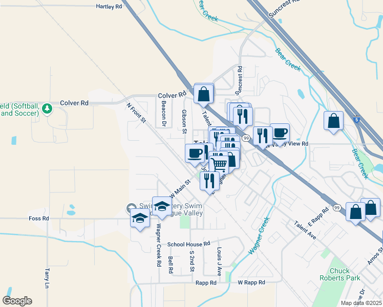map of restaurants, bars, coffee shops, grocery stores, and more near 110 East Main Street in Talent
