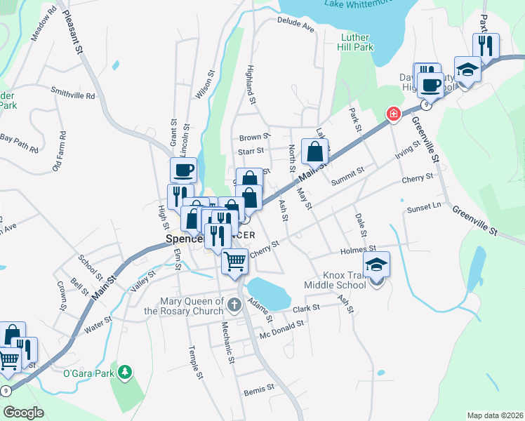 map of restaurants, bars, coffee shops, grocery stores, and more near 200 Main Street in Spencer