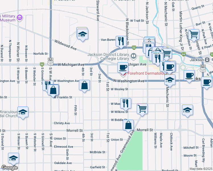 map of restaurants, bars, coffee shops, grocery stores, and more near 308 1st Street in Jackson