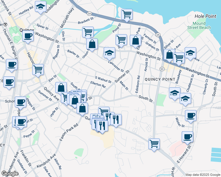 map of restaurants, bars, coffee shops, grocery stores, and more near 21 Sumner Street in Quincy