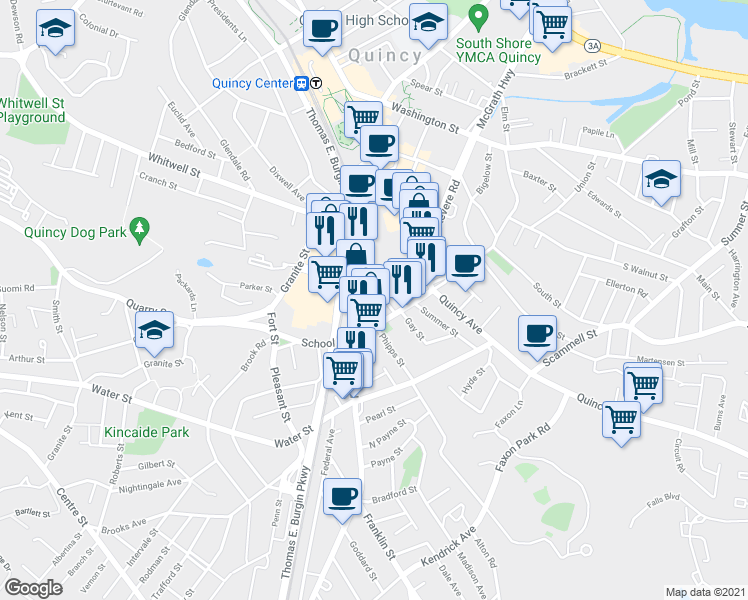 map of restaurants, bars, coffee shops, grocery stores, and more near 59 School Street in Quincy