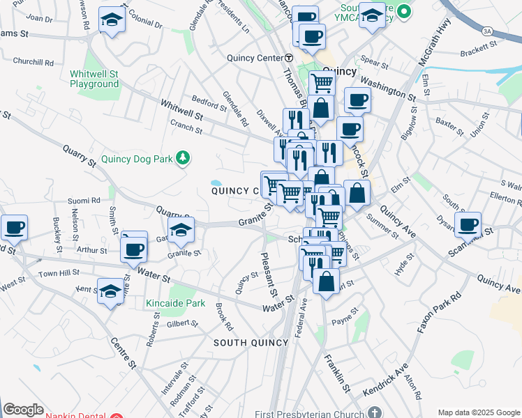 map of restaurants, bars, coffee shops, grocery stores, and more near 6 Fort Street in Quincy