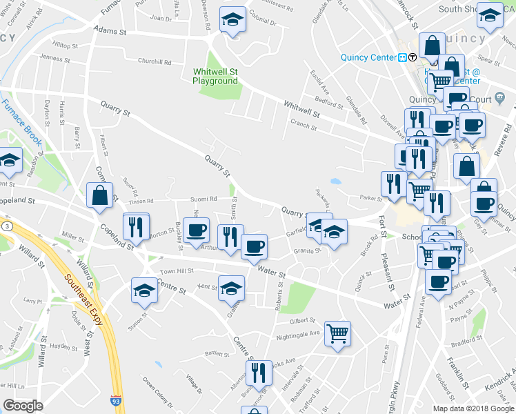 map of restaurants, bars, coffee shops, grocery stores, and more near 70 Quarry Street in Quincy