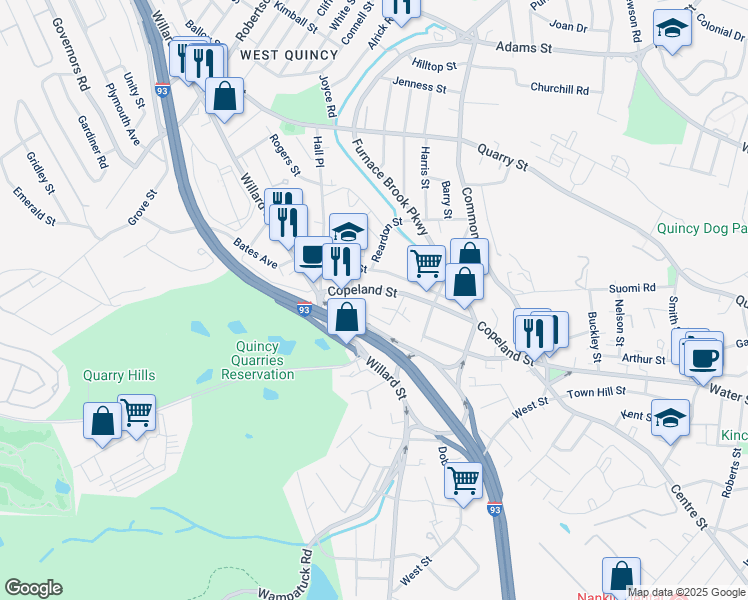 map of restaurants, bars, coffee shops, grocery stores, and more near 15 Furnace Avenue in Quincy