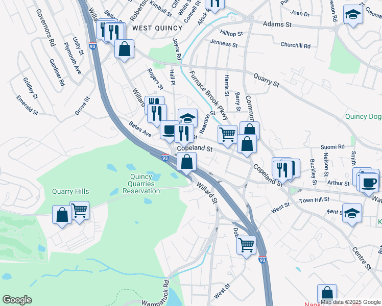 map of restaurants, bars, coffee shops, grocery stores, and more near 15 Furnace Avenue in Quincy