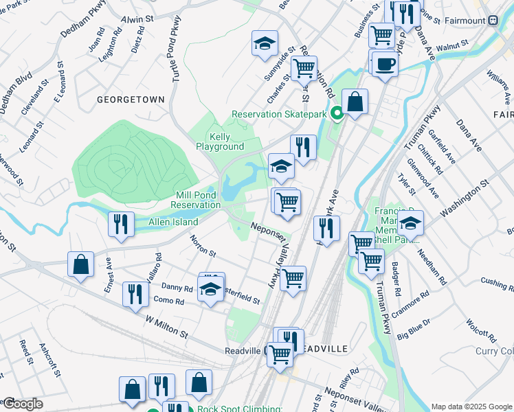 map of restaurants, bars, coffee shops, grocery stores, and more near 59 Readville Street in Boston