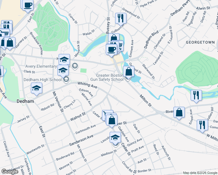 map of restaurants, bars, coffee shops, grocery stores, and more near 82 Walnut Street in Dedham