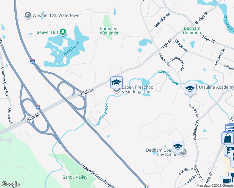 map of restaurants, bars, coffee shops, grocery stores, and more near 1100 High Street in Dedham