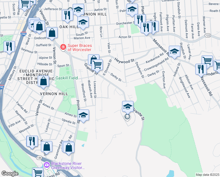 map of restaurants, bars, coffee shops, grocery stores, and more near 34 Bridgeport Street in Worcester