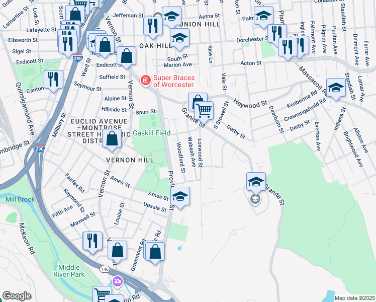 map of restaurants, bars, coffee shops, grocery stores, and more near 24 Woodford Street in Worcester