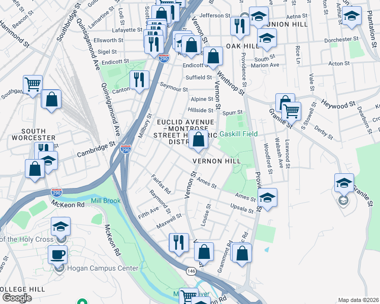 map of restaurants, bars, coffee shops, grocery stores, and more near 78 Harlem Street in Worcester