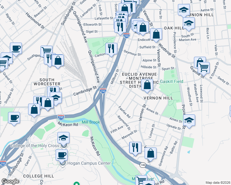 map of restaurants, bars, coffee shops, grocery stores, and more near 171 Perry Avenue in Worcester