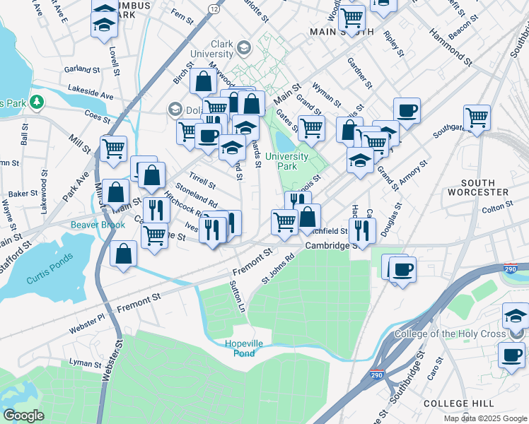map of restaurants, bars, coffee shops, grocery stores, and more near 117 Illinois Street in Worcester