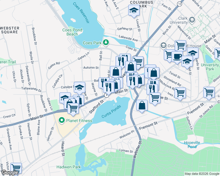 map of restaurants, bars, coffee shops, grocery stores, and more near 1145 Main Street in Worcester