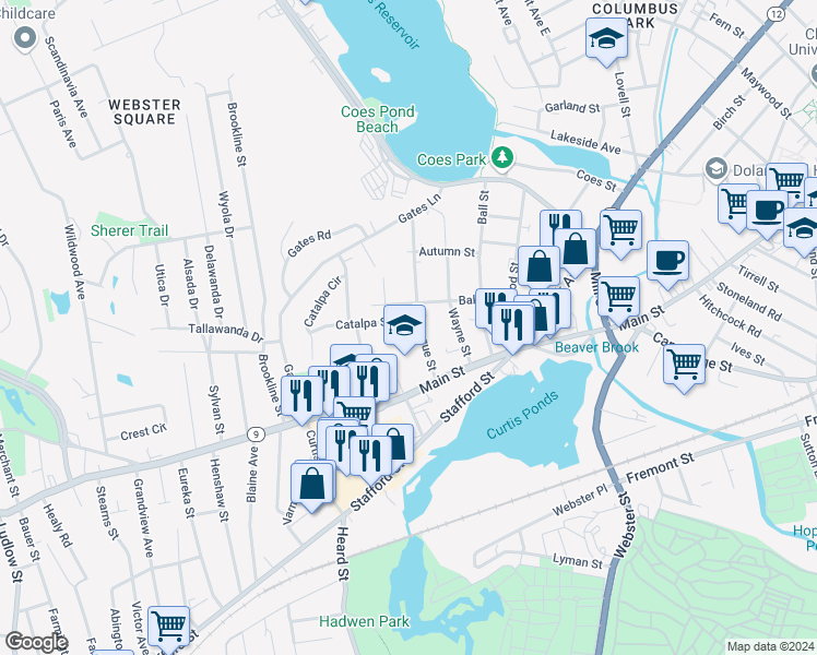 map of restaurants, bars, coffee shops, grocery stores, and more near 1212 Main Street in Worcester