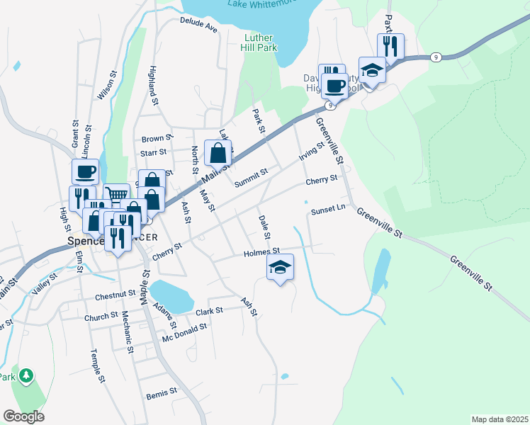 map of restaurants, bars, coffee shops, grocery stores, and more near 6 Dale Street in Spencer