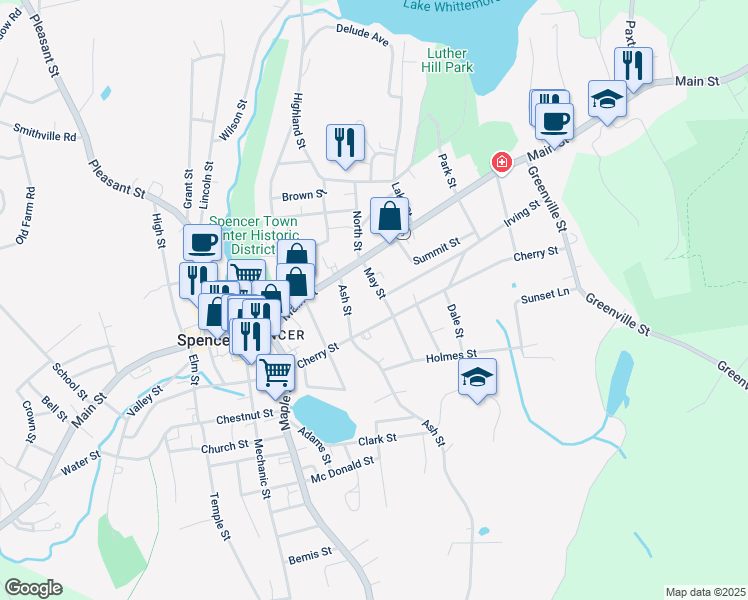 map of restaurants, bars, coffee shops, grocery stores, and more near 51 Cherry Street in Spencer