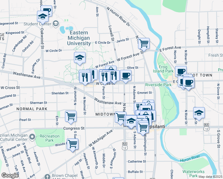 map of restaurants, bars, coffee shops, grocery stores, and more near 216 Ballard Street in Ypsilanti