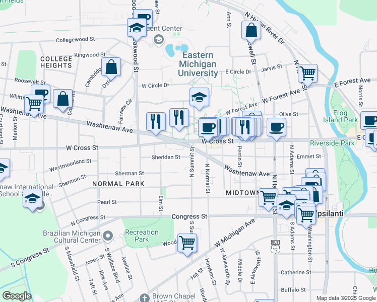 map of restaurants, bars, coffee shops, grocery stores, and more near 907 Sheridan Street in Ypsilanti