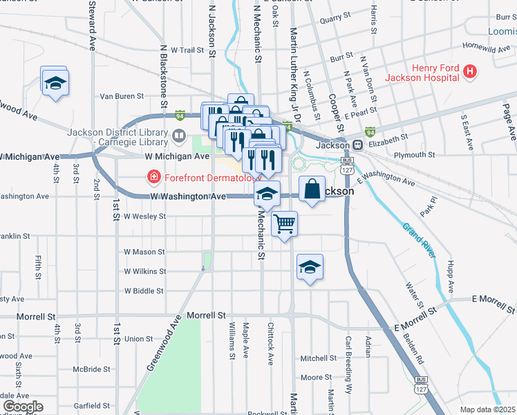 map of restaurants, bars, coffee shops, grocery stores, and more near 105 West Wesley Street in Jackson