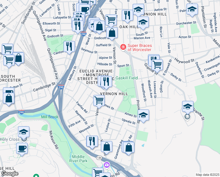 map of restaurants, bars, coffee shops, grocery stores, and more near 137 Vernon Street in Worcester
