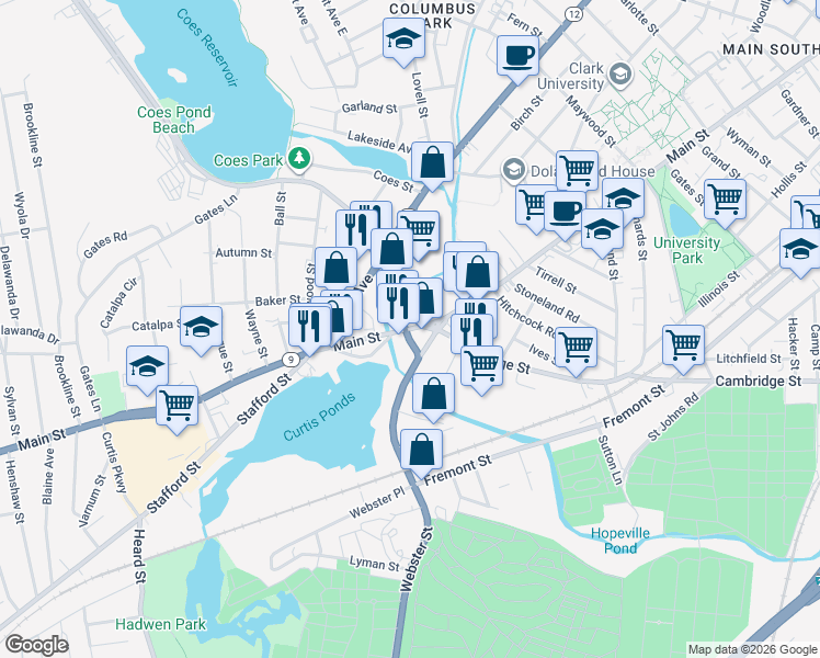 map of restaurants, bars, coffee shops, grocery stores, and more near 1074 Main Street in Worcester