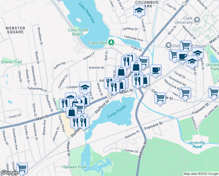 map of restaurants, bars, coffee shops, grocery stores, and more near 1168 Main Street in Worcester