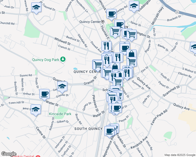 map of restaurants, bars, coffee shops, grocery stores, and more near 148 Granite Street in Quincy