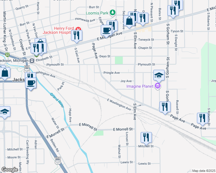 map of restaurants, bars, coffee shops, grocery stores, and more near 619 Lake Street in Jackson