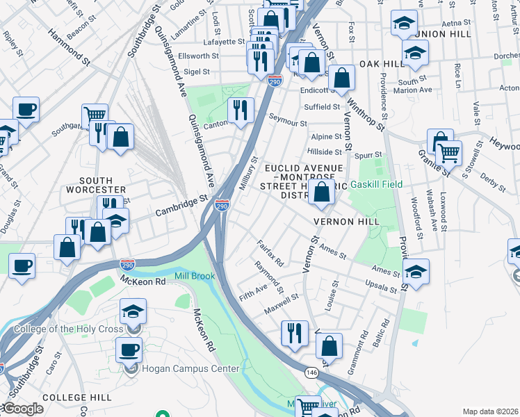 map of restaurants, bars, coffee shops, grocery stores, and more near 171 Perry Avenue in Worcester