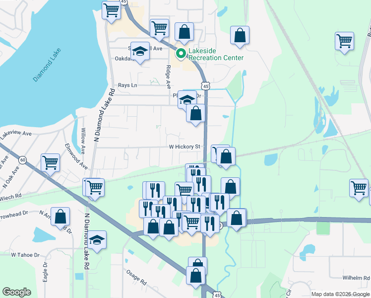 map of restaurants, bars, coffee shops, grocery stores, and more near 1446 Lakeridge Court in Mundelein