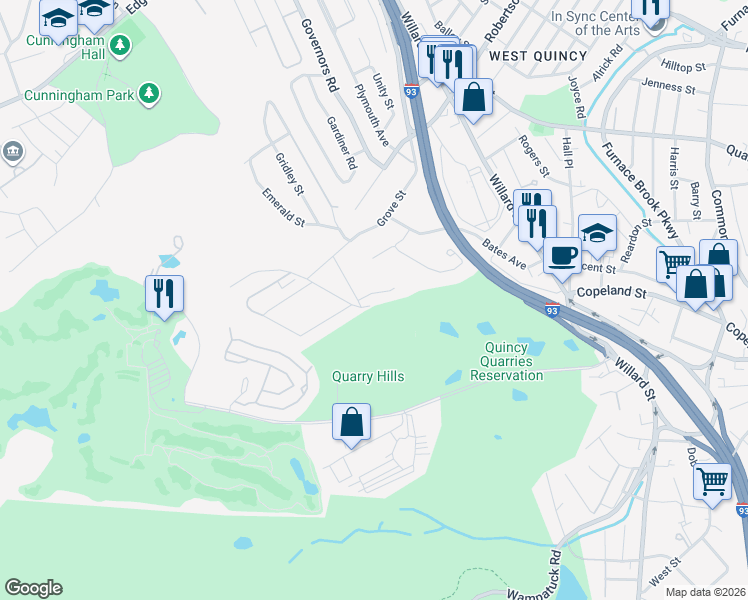 map of restaurants, bars, coffee shops, grocery stores, and more near 50 Minihans Lane in Quincy