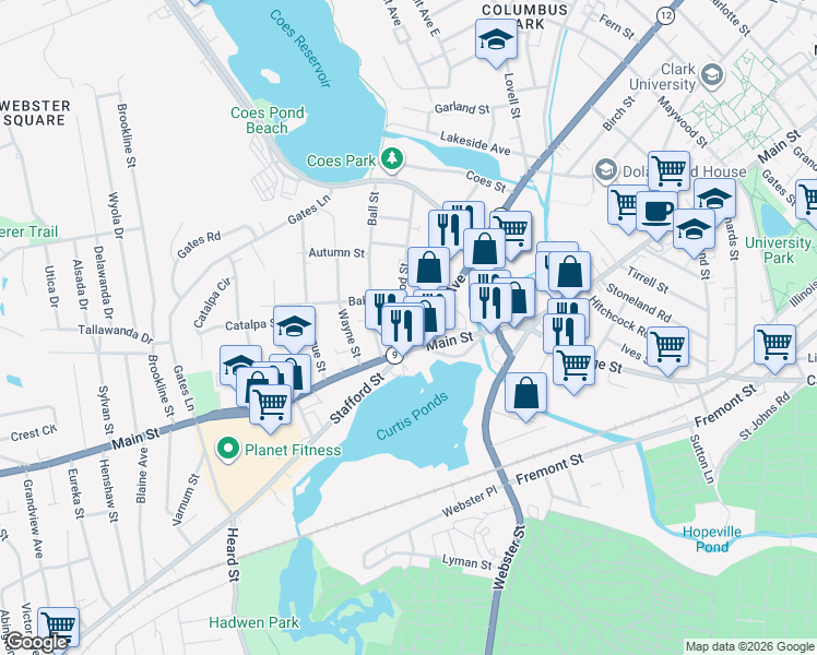 map of restaurants, bars, coffee shops, grocery stores, and more near 1145 Main Street in Worcester