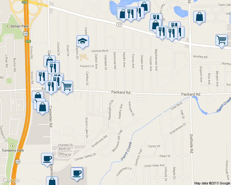 map of restaurants, bars, coffee shops, grocery stores, and more near 3179 Randolph Court Drive in Ann Arbor