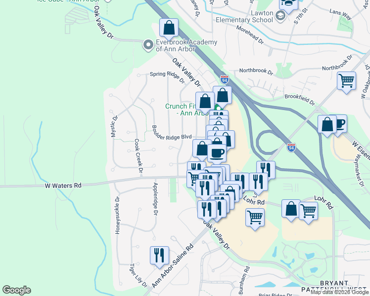 map of restaurants, bars, coffee shops, grocery stores, and more near 2993 Silver Spring Drive in Ann Arbor