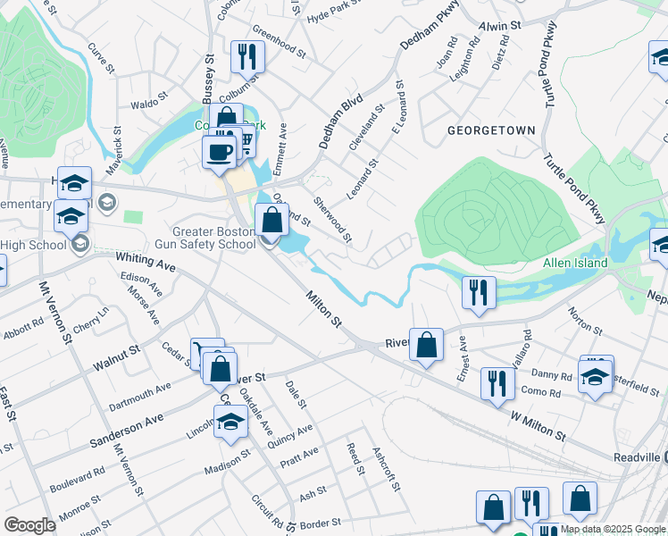 map of restaurants, bars, coffee shops, grocery stores, and more near 8 North Stone Mill Drive in Dedham