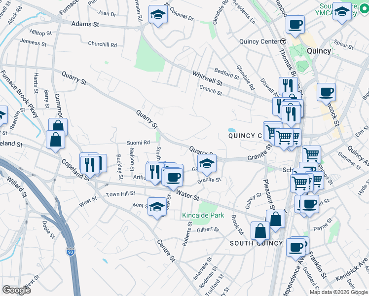 map of restaurants, bars, coffee shops, grocery stores, and more near 80 Quarry Street in Quincy