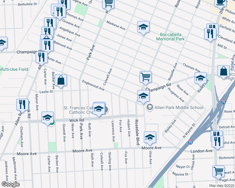 map of restaurants, bars, coffee shops, grocery stores, and more near 8929 Fox Avenue in Allen Park