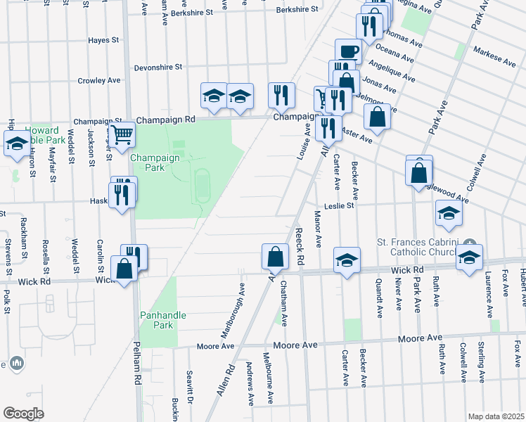 map of restaurants, bars, coffee shops, grocery stores, and more near 17353 Leslie Avenue in Allen Park