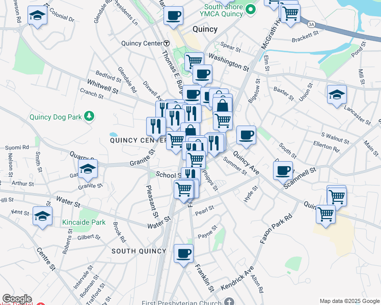 map of restaurants, bars, coffee shops, grocery stores, and more near 95 School Street in Quincy