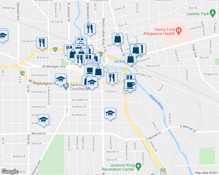 map of restaurants, bars, coffee shops, grocery stores, and more near 209 East Washington Avenue in Jackson