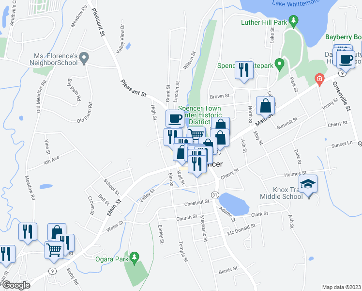 map of restaurants, bars, coffee shops, grocery stores, and more near 16 Pleasant Street in Spencer