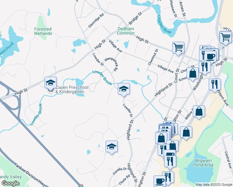 map of restaurants, bars, coffee shops, grocery stores, and more near 66 Lowder Street in Dedham