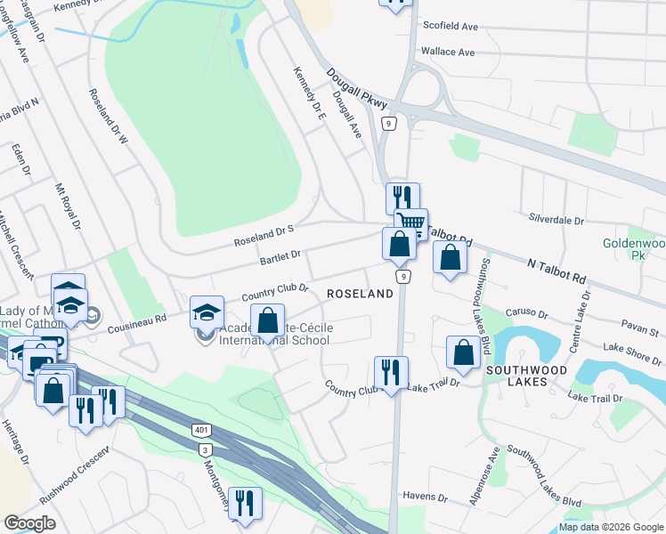 map of restaurants, bars, coffee shops, grocery stores, and more near 4332 Golfcourse Cres in Windsor