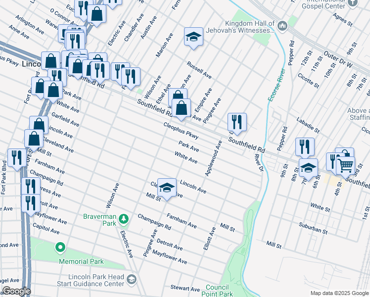 map of restaurants, bars, coffee shops, grocery stores, and more near 671 White Avenue in Lincoln Park