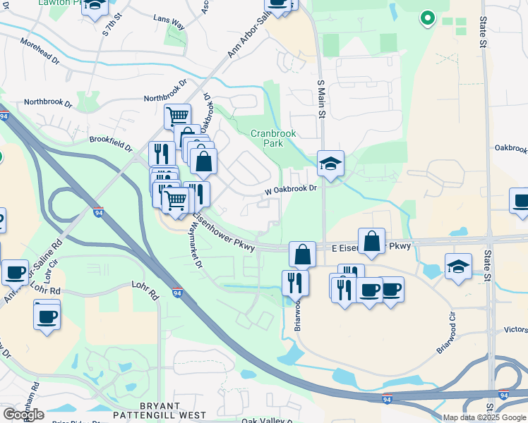map of restaurants, bars, coffee shops, grocery stores, and more near 401 West Oakbrook Drive in Ann Arbor