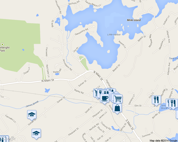 map of restaurants, bars, coffee shops, grocery stores, and more near N Main St & Joy Pl in Cohasset