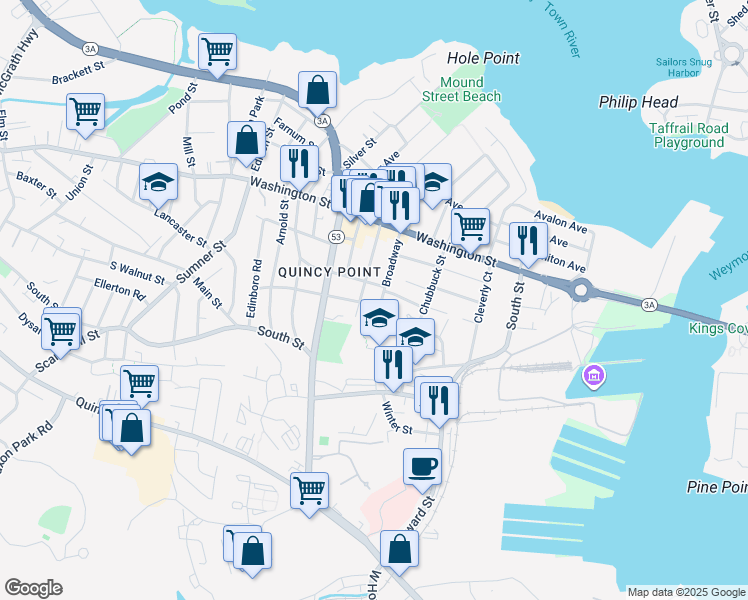 map of restaurants, bars, coffee shops, grocery stores, and more near 14 Broadway in Quincy