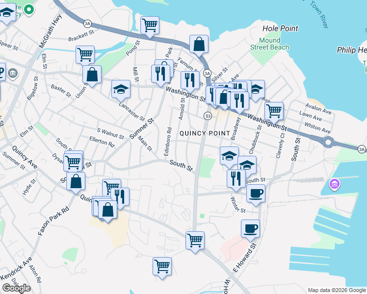 map of restaurants, bars, coffee shops, grocery stores, and more near 21 Ruggles Street in Quincy